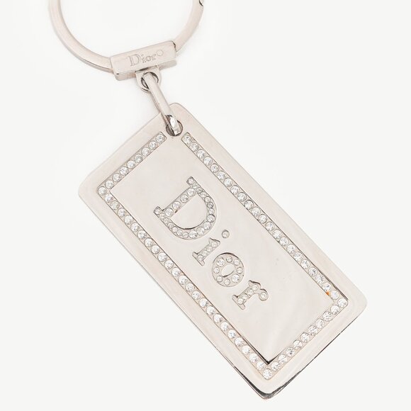 Dior Silver-Tone Rhinestone Logo Plaque Keychain - Picture 1 of 5